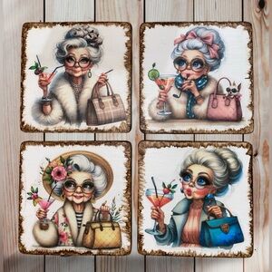 Handmade Chic Elderly Lady Martini Set of Four Wood Coasters -Funny -Great Gifts